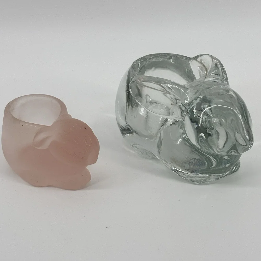 2 Vintage Indiana Glass Bunny Rabbit Votive‎ Candle Holder Pink Satin & Clear